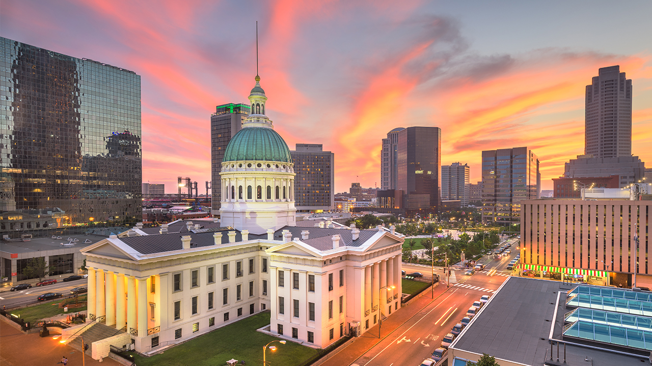 St Louis Old Courthouse at sunset.