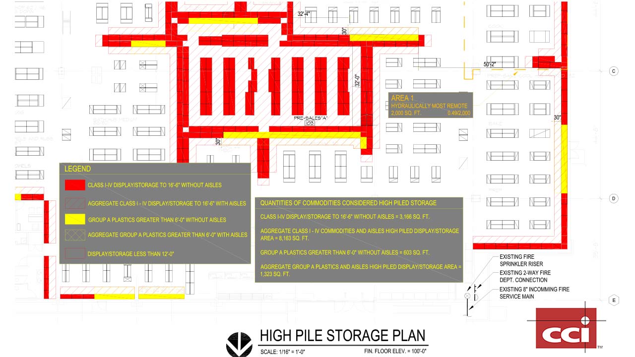 Work product by CCI of a high piled storage plan for a warehouse.